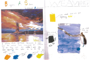 Child's sketchbook showing colour mixing
