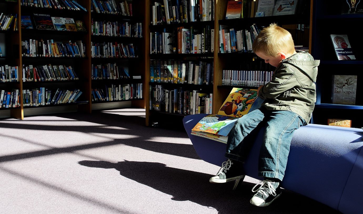 Boy reading book in library